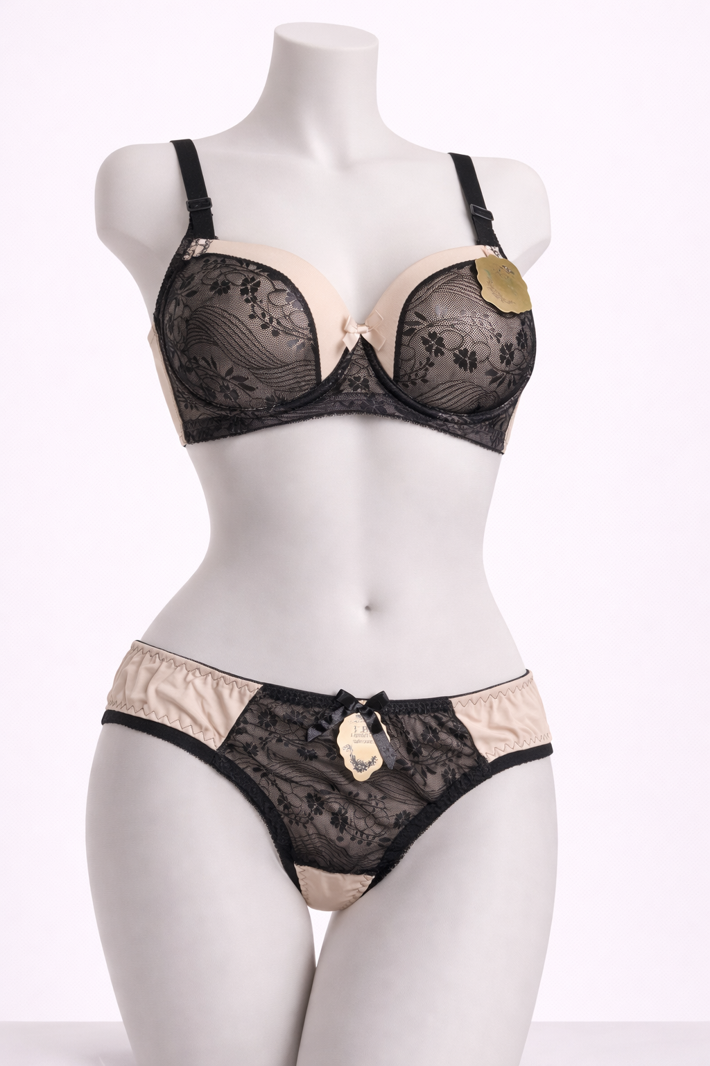 Black Lace Nude Contrast Bra and Panty Set