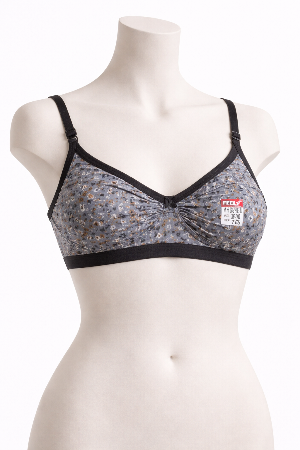 Grey Floral Contrast Trim Bra