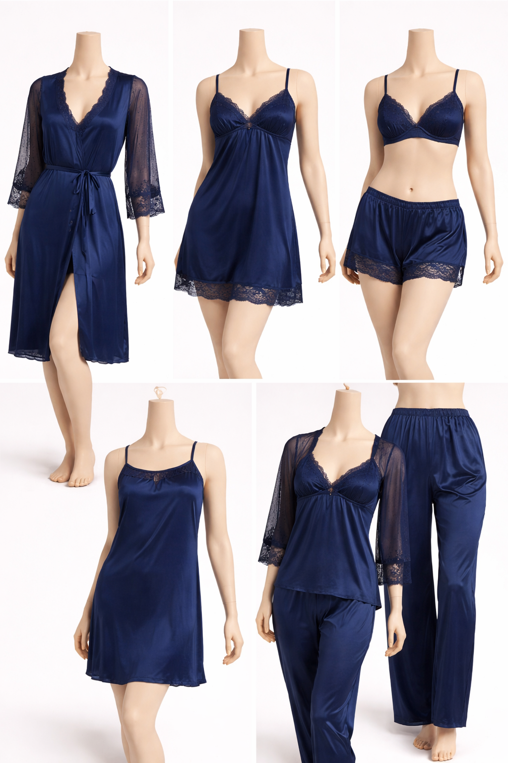 Royal Blue Satin Sleepwear Collection (5-Piece)