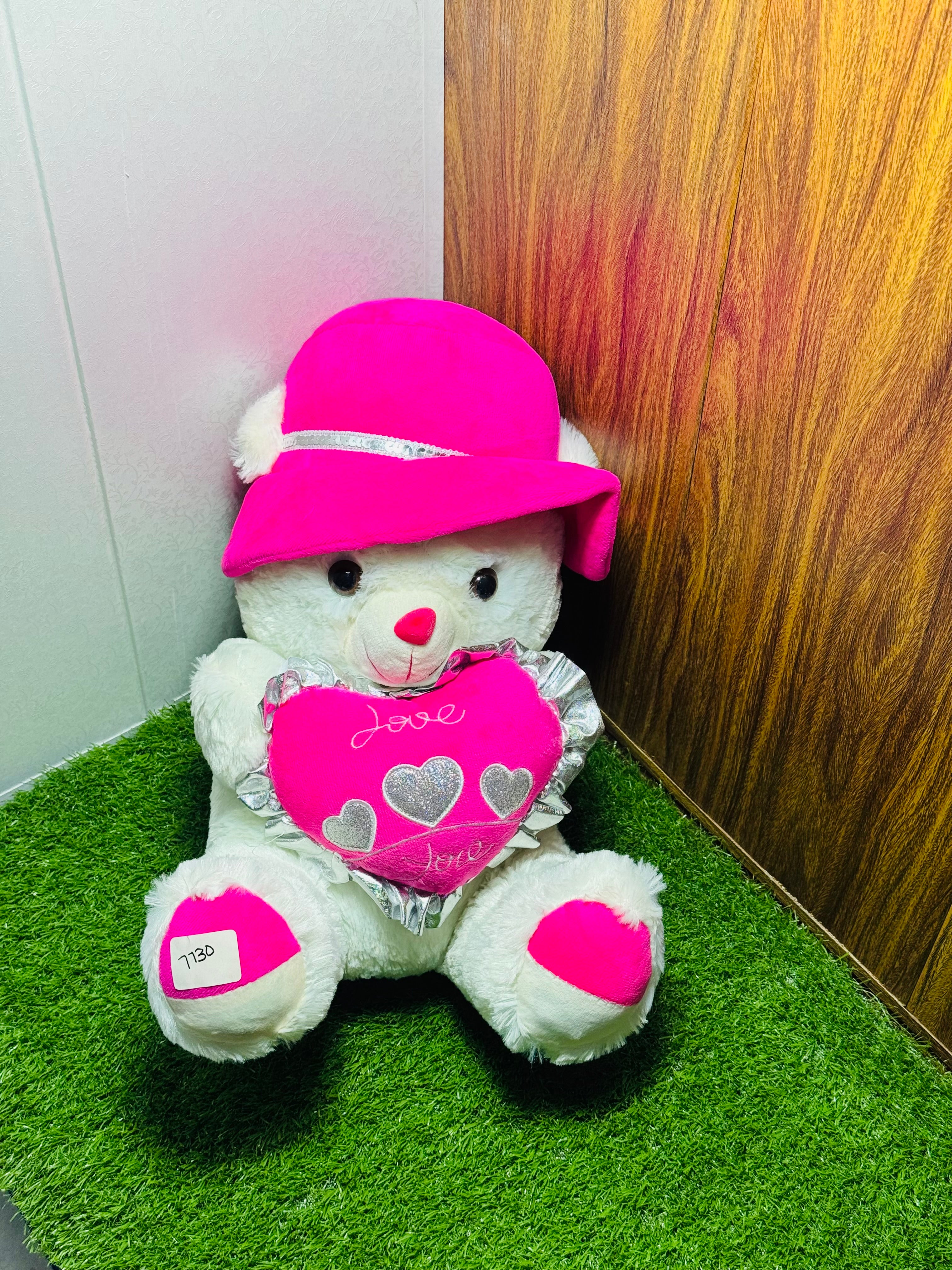 White Teddy Bear with Pink Hat