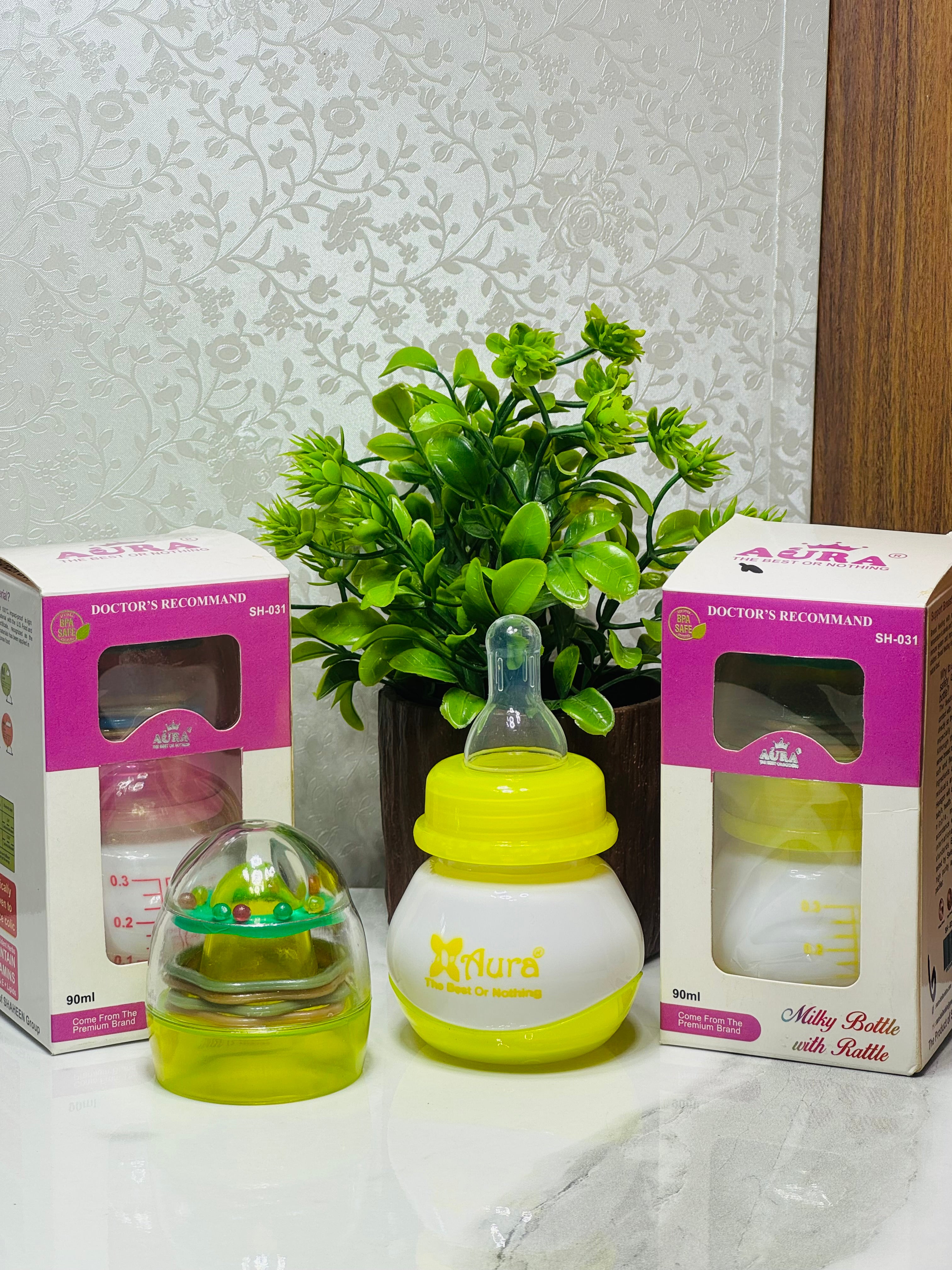 Aura 90ml Baby Bottle with Rattle